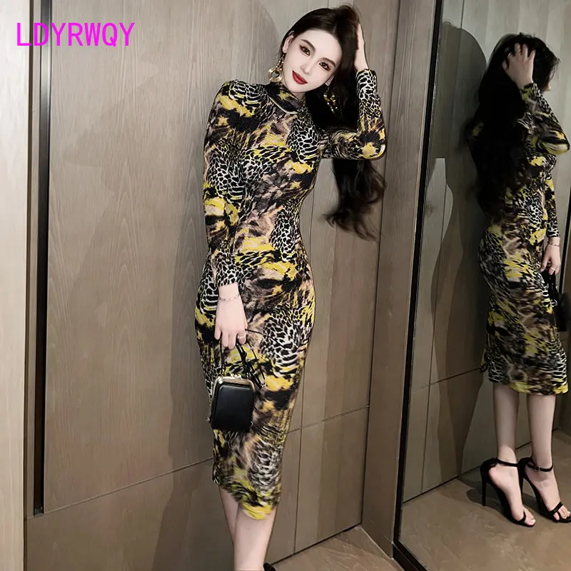 

2022 autumn new temperament stand collar waist slimmer leopard print dress overcoat overcoat inside