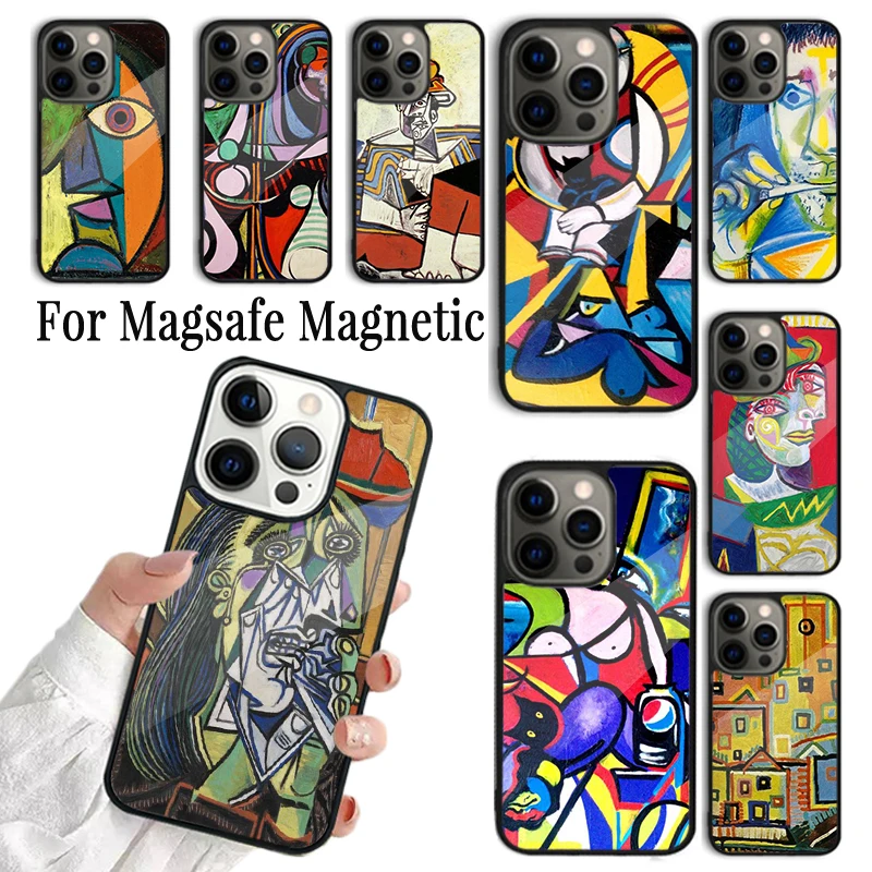 Phone Case For iPhone 16 15 14 13 12 Mini 11 Pro Max Plus Magsafe Magnetic Wireless Charging Cover Picasso Abstract Art Painting