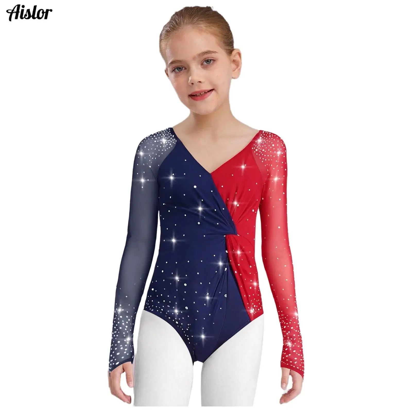 Kids Girls Gymnastics Figure Skating Dance Leotard Sheer Mesh Long Sleeves Cross V-Back Knot Font Color Block Ballet Bodysuit
