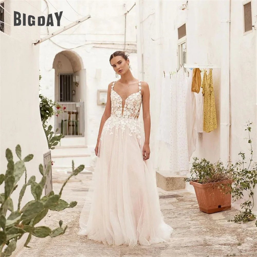 Vestido De novia elegante De corte en A, encaje con cuello en V, tirantes finos, espalda abierta, apliques De tul, Vestido De novia con tren personalizado