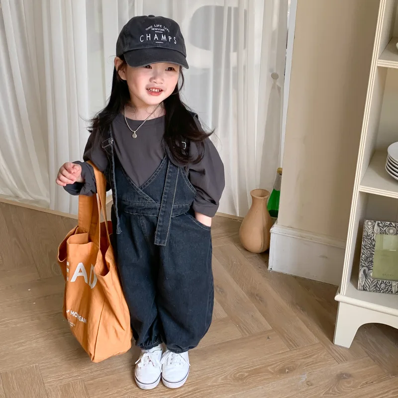 Girls Pants 2026 Spring and Autumn New Childrens Clothing Korean Style Girls Baby Loose Lantern Jeans Suspender Pants Simple
