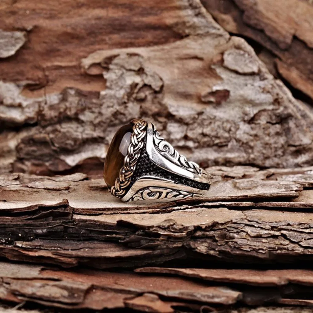 Brown tiger eye stone men and women retro new trend ring Turkish handmade spiral carving ring party niche jewelry