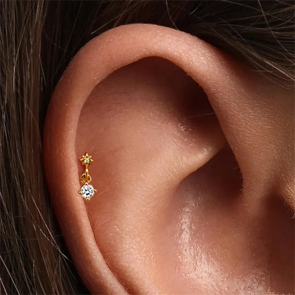 AIDE 925 Sterling Silver Octagonal Star Tassel Flat Back Piercing for Women Geometric Pendant INS Exquisite Mini Earring Gifts