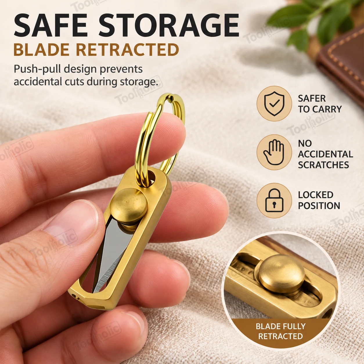 Mini Brass Portable Pocket Push Knife Keychain Pendant Compact Utility Cutter for Box Opening & Letter Unboxing