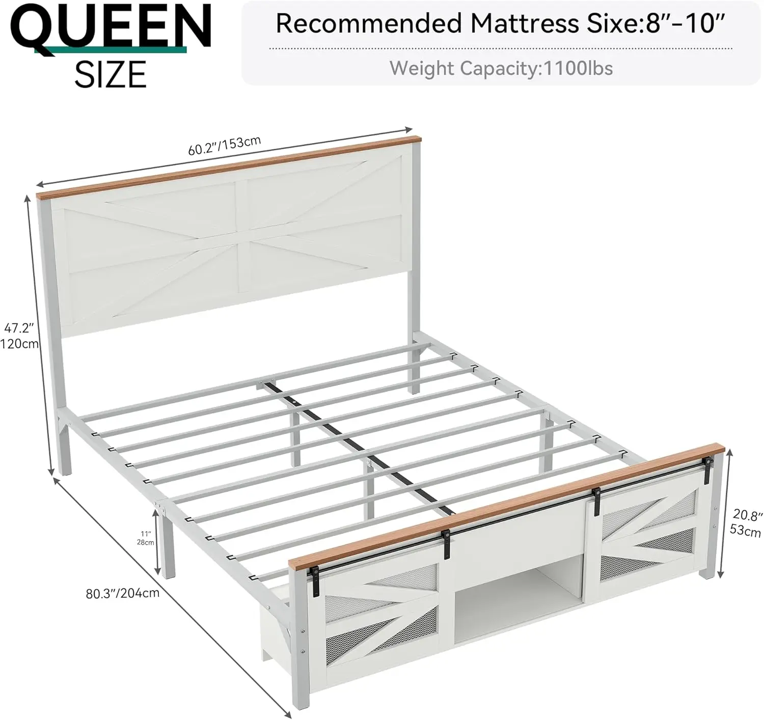 YITAHOME Queen Size Farmhouse Bed Frame with Sliding Barn Door Storage Cabinets, Platform Bed Frame with 47.2