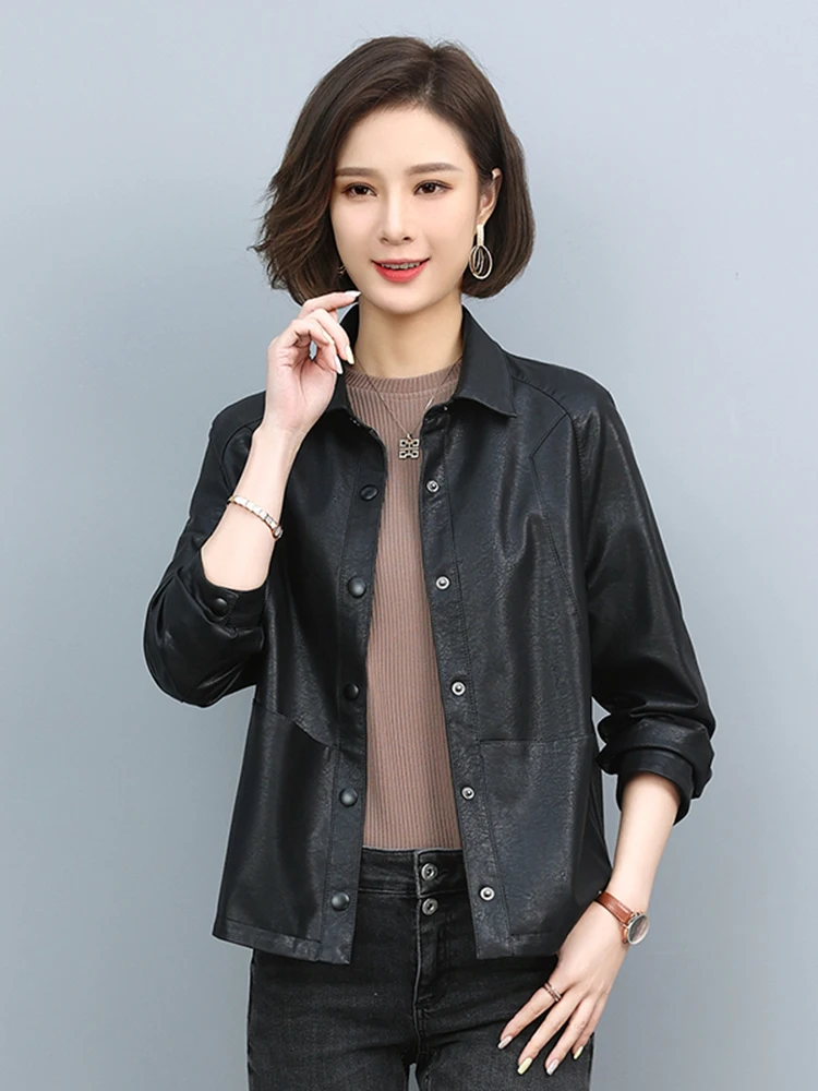 Spring 2025 ort Sle Women's Leather Jaet Motorbike Coat Flip Collar Faion Slim Fit Korean Version Haining Genuine Lea...