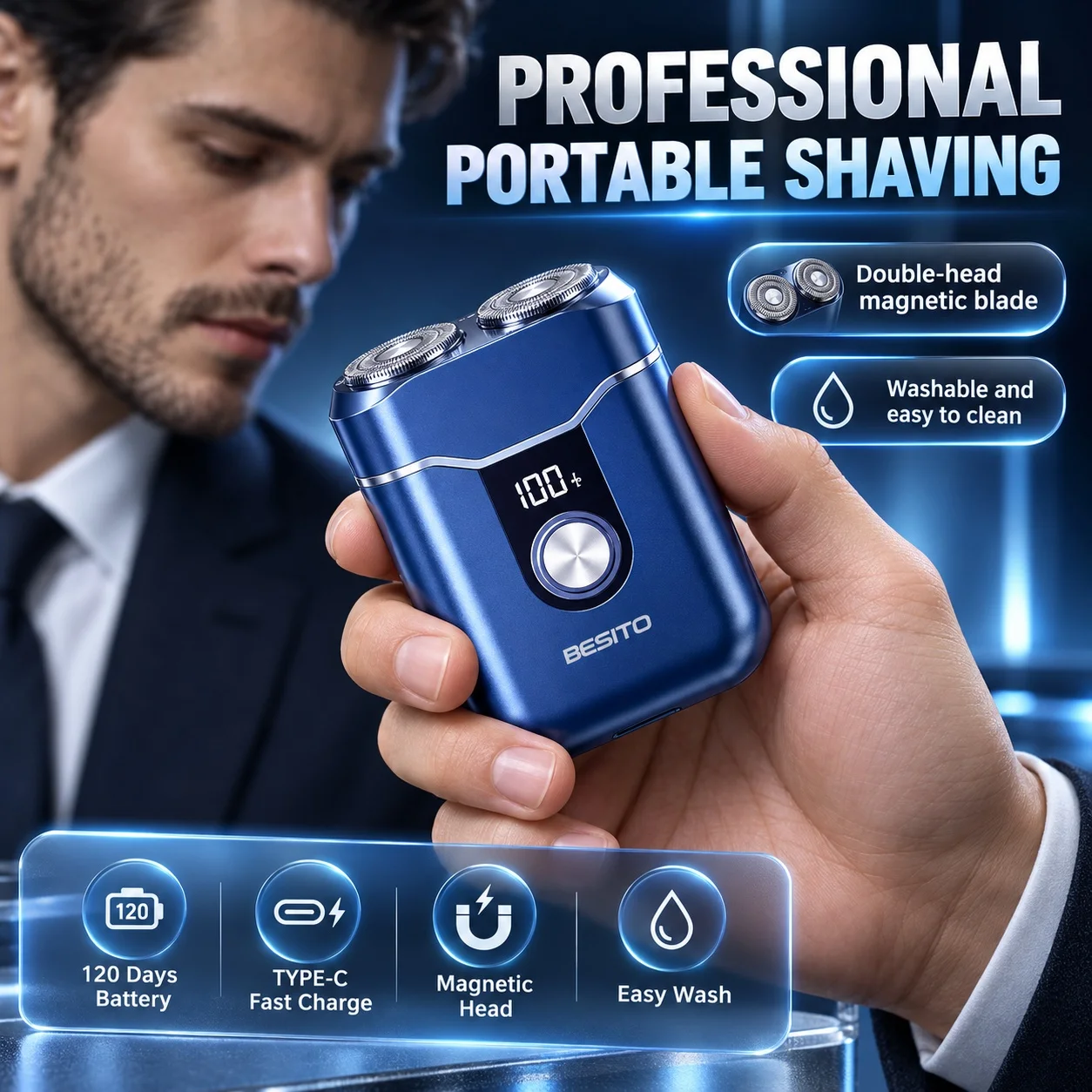 New Men's Electric Double Head Shaver Mini Premium 8000 RPM Powerful Portable Full Body Washable with Magnetic Blade