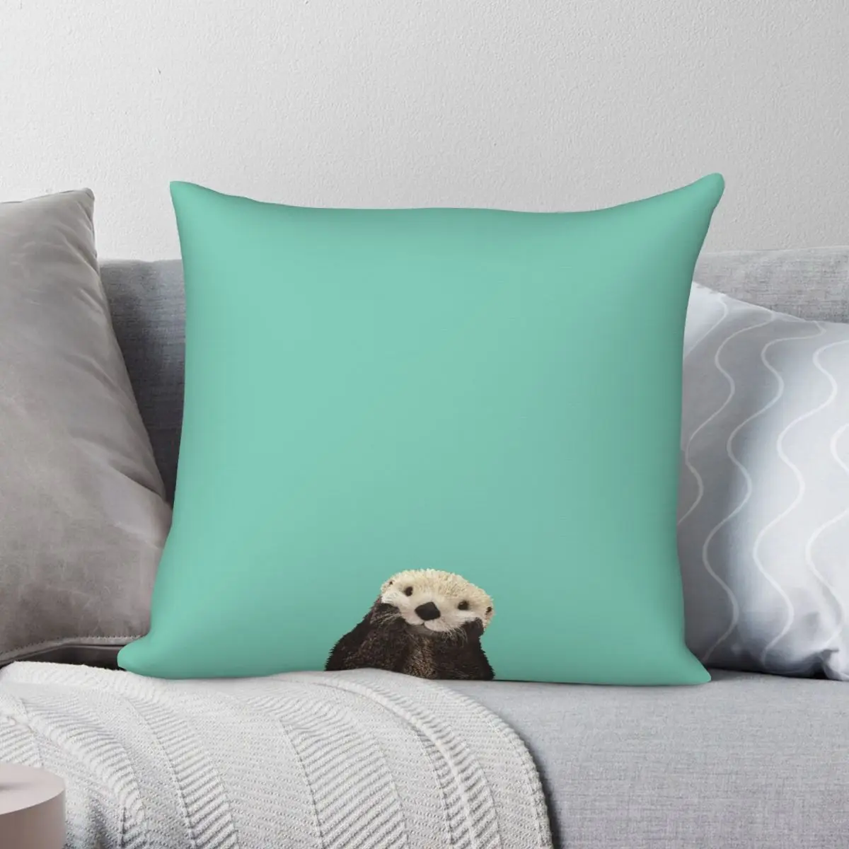 Cute Sea Otter On Solid Light Teal Square Pillowcase Polyester Linen Velvet Creative Zip Decor Pillow Case Bed Cushion Cover