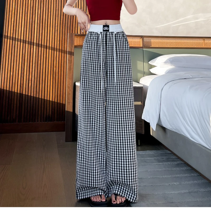 Pantaloni a quadretti da donna in seta ghiacciata, estate 2025, pantaloni larghi a vita alta attillati e pigre dal taglio dritto