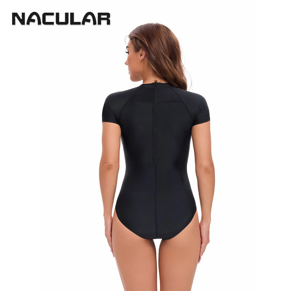 NACULAR One Piece Women Swimsuit Short Sleeve Swimwear Solid Plus Size Bathing Suit Push Up Female Zipper Black High Neck 2025