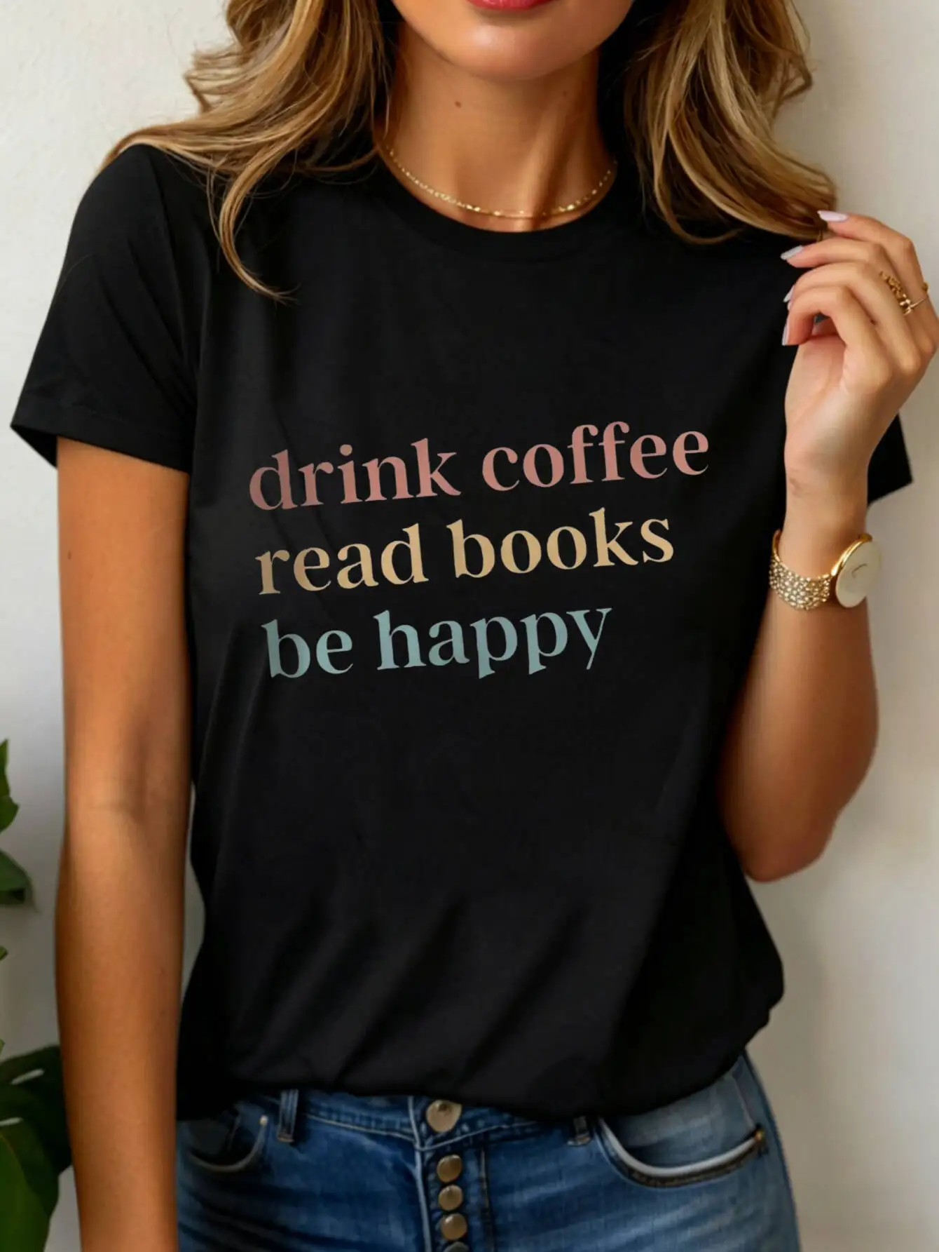 T-Shirt décontracté pour femmes, imprimé « Drink Coffee Read Books Be Happy », col rond, manches courtes, confortable, vêtements quotidiens pour femmes