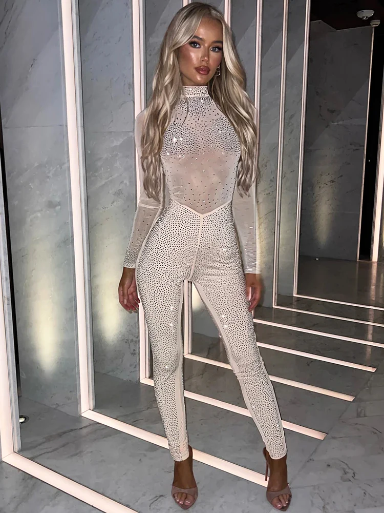 Sibybo Sparkly Sheer Mesh Patchwork Jumpsuit Women Fashion Long Sleeve Rhinestone Skinny Jumpsuits Sexy Party One Piece Romper