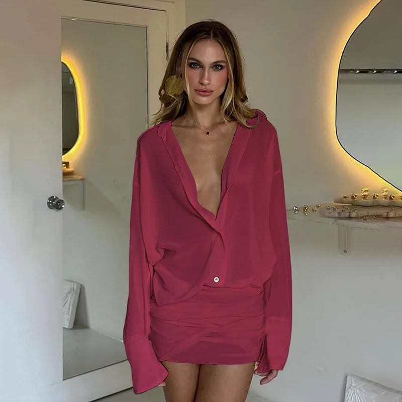 Mini camicie aderenti con lacci tinta unita moda donna Abito colletto rovesciato Manica lunga monopetto Abiti da vacanza a vita bassa