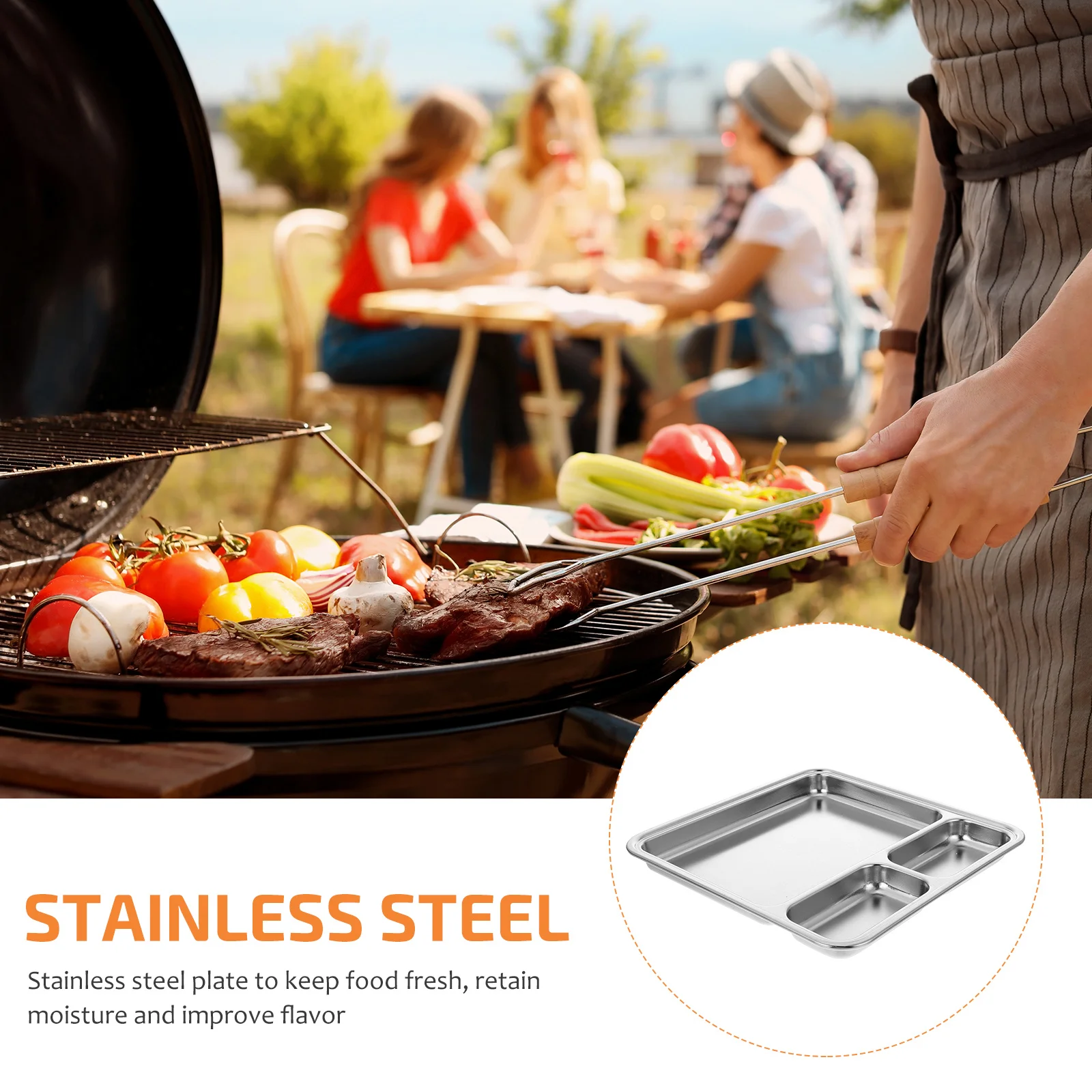 

Stainless Steel Divided Food Plate Serving Tray Multipurpose Kitchen Platter Storage Practical Retain Moisture Improve