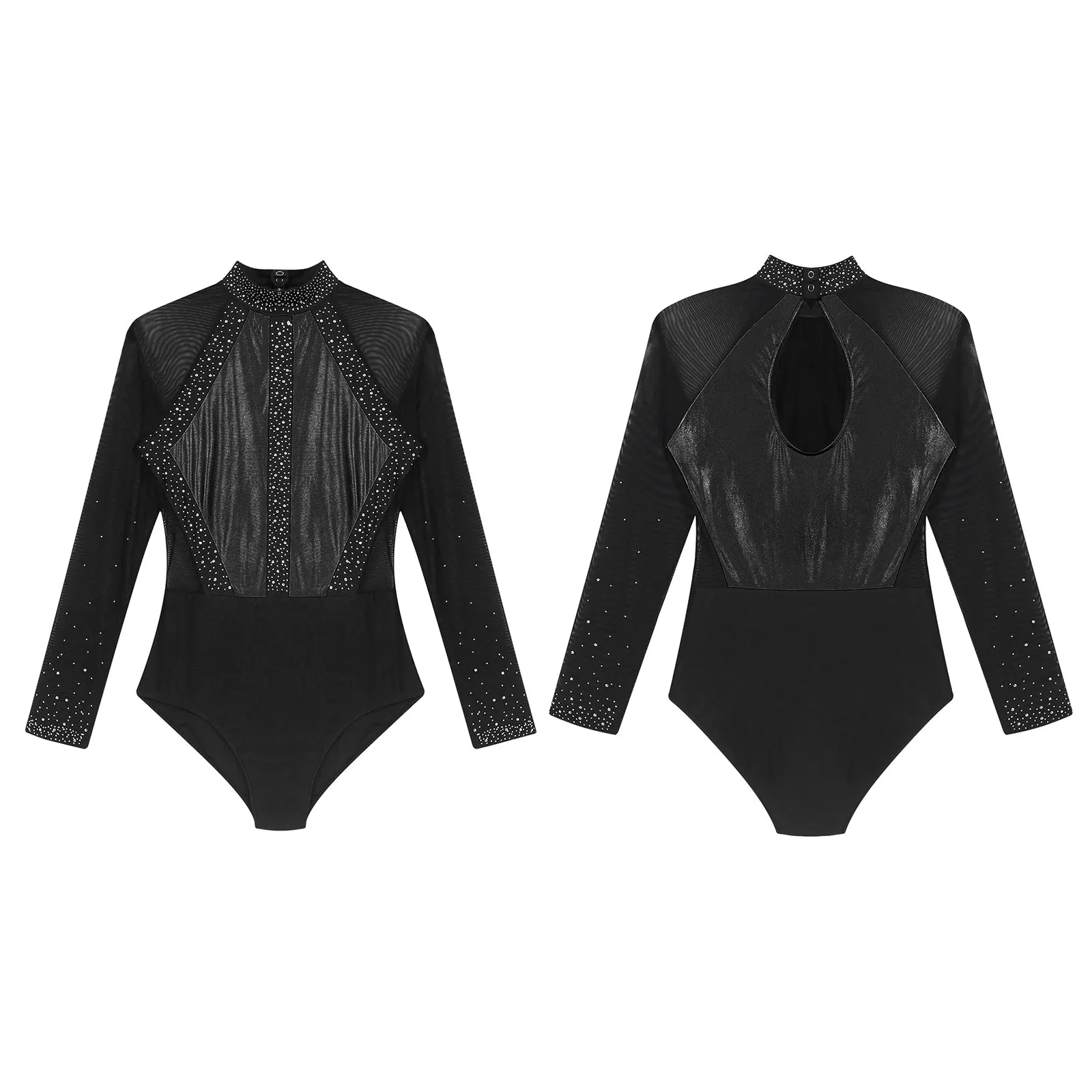 Womens Steentjes Balletleotard Color Block Patchwork Sleutelgat Rug Doorschijnende Mesh Bodysuit Voor Gymnastiek Kunstschaatsen