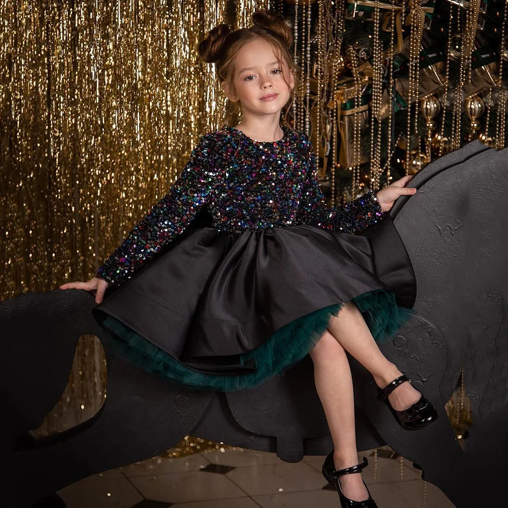 Fashion Black Sequin Girl's Pageant Dress Glitter A-line Knee Length Kids Evening Christmas Party Gown Flower Girl Dress