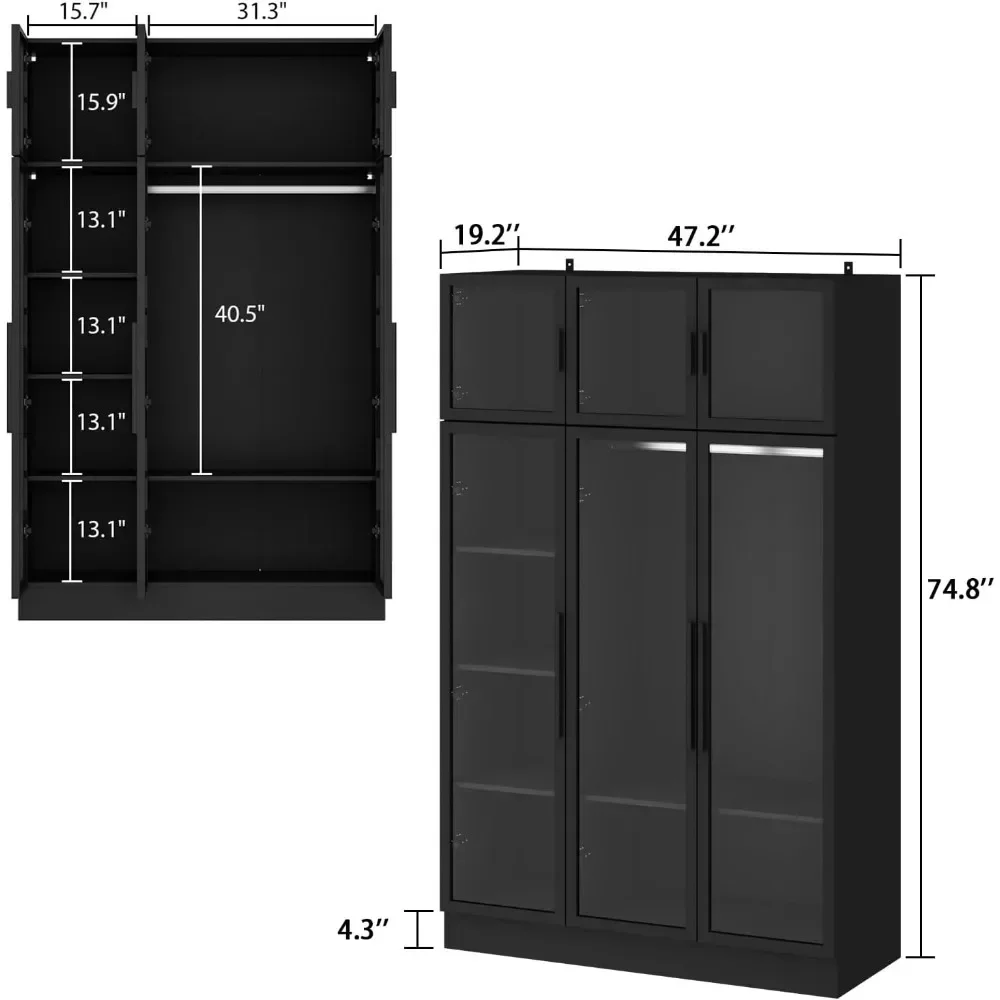 Wardrobes with LED Lights, 5-Tier Shelves and 6 Glass Doors, 47.2