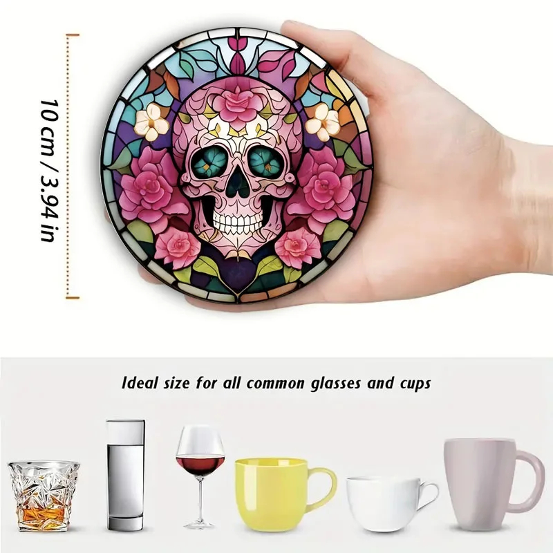 4 Pieces of Skull Printed Coasters, Suitable for Daily Family Party Decoration, Office, Non-Slip Wooden Coasters, Holiday Gifts