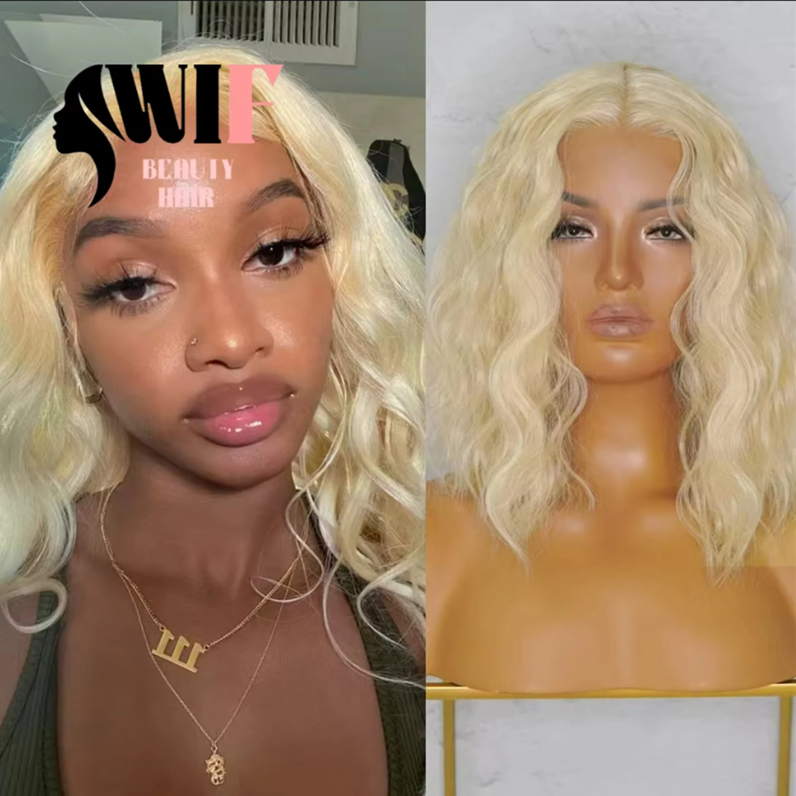WIF 613 Blonde Bob Wave Synthetic Hair Lace Wig Short Wave Blond Bob Hair Heat Fiber Wigs for Women Daily Makeup Use Golden Hair