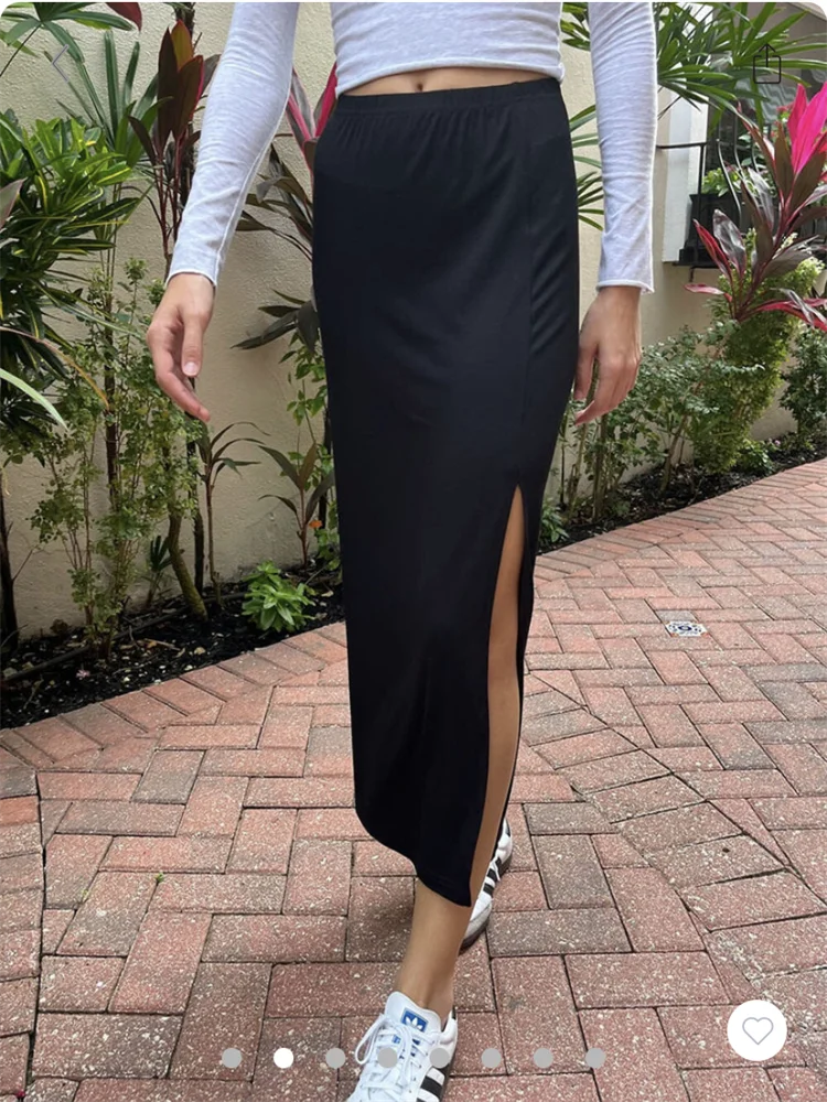 

Sweet Women Black Slit Long Skirt 2024 Fashion Summer Ladies Elegant Slim Fit Skirts Female Solid Casual High Street Wear Skirt