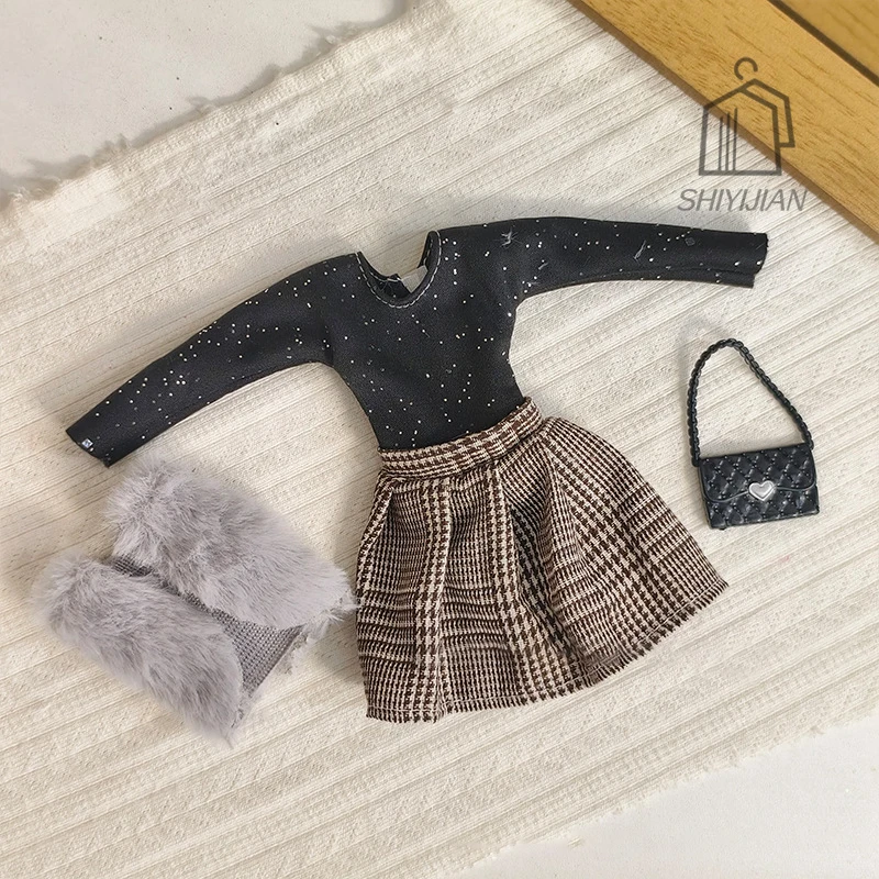 30cm boneca roupas acessórios moda inverno colete de pelúcia + vestido + bolsa conjunto para 1/6 bjd supermodelo boneca diário diy vestir-se