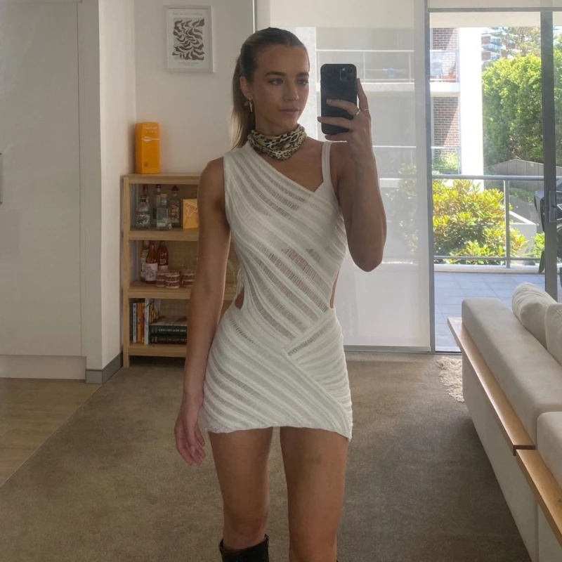 Sexy White Sheer Hollow Out Diagonal Collar Mini Dress Streetwear Sleeveless Asymmetrical Dresses 2026 Summer Casual Slim Dress