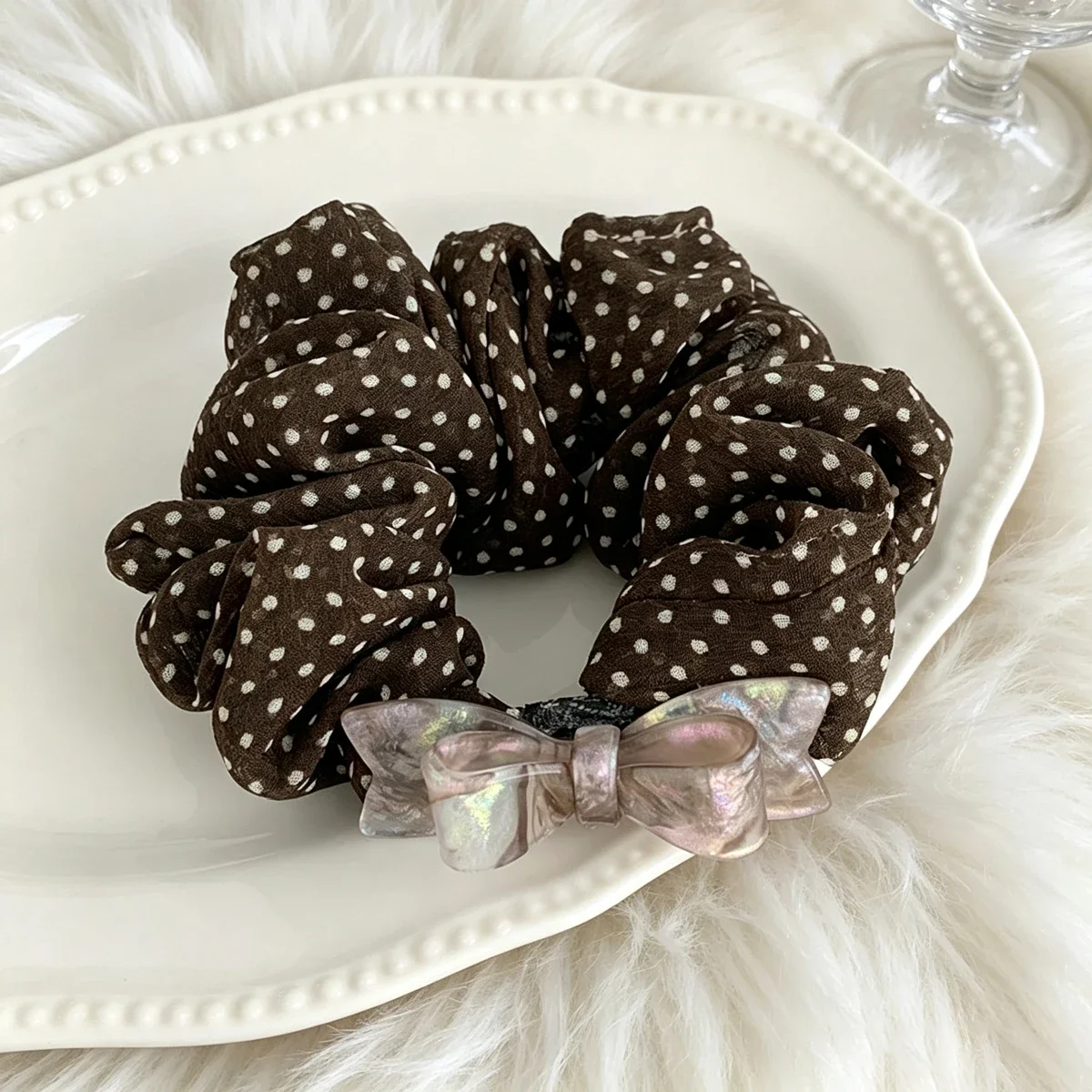1PC Brown White Polka Dot Scrunchie Acetate Bow Decor Hair Tie Vintage Elastic Hair Bands Women Girls Ponytail Holder
