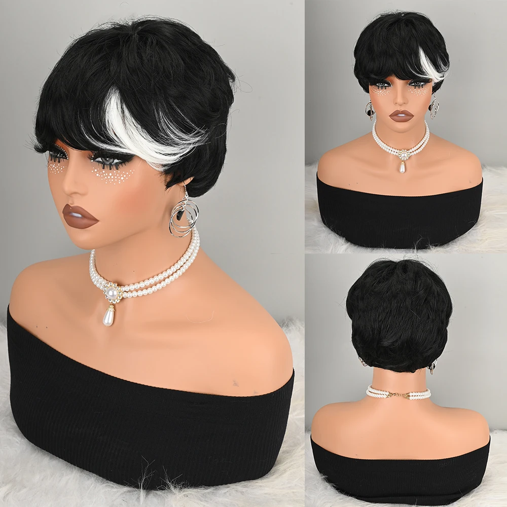 Black Short Pixie Wig with White Side Highlight for Women Heat Resistant Synthetic Fiber Not Human Fiber Machine Made Full Cap Wig for Daily Party Halloween