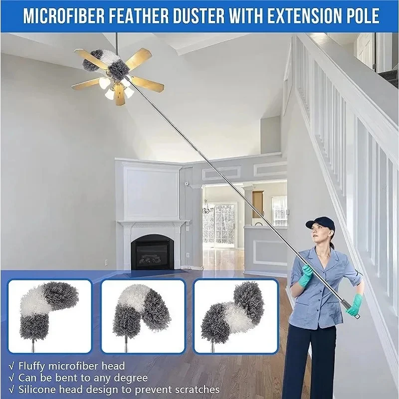 Microfiber Duster with Extendable Stainless Steel Pole Long Reach Gap Cleaning Tool for Ceiling Fan