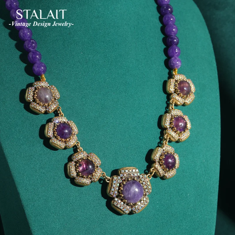 

Vintage Purple Flower Necklace Beaded Natural Stone Jewelry Rhinestones Designer Party For Woman Luxury Charm Accessories 2025