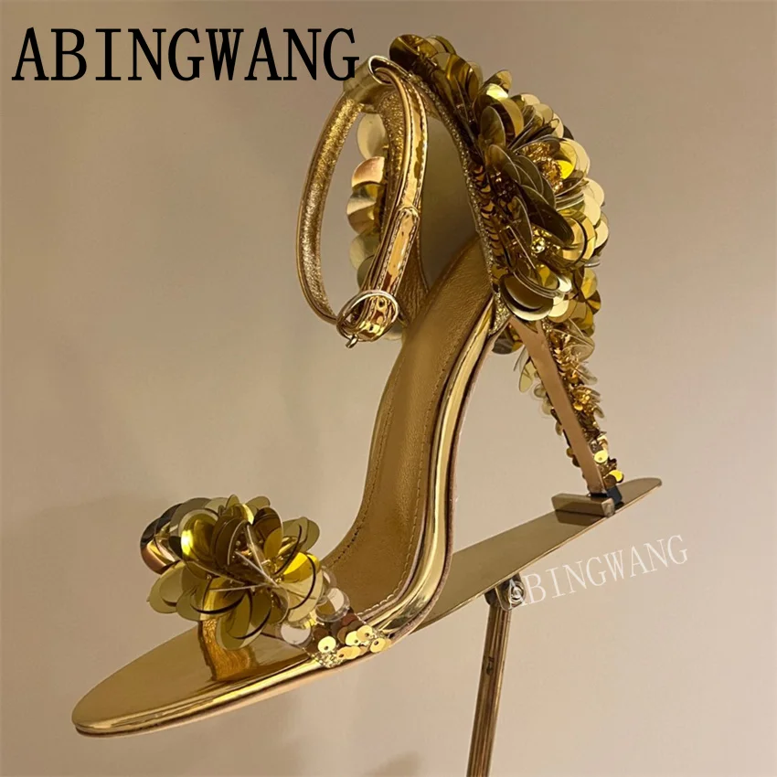 Sandales en cuir à talons hauts fins pour femmes, escarpins Parker ouverts, chaussures de soirée de piste Bling Bling, sandales provoqué d'été sexy