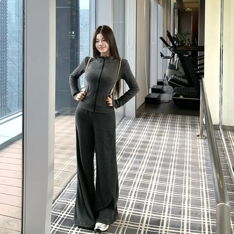 Slim Fit Stripe Casual Sportswear Set Women's Spring Autumn Fashionable Versatile Two Piece Trendy High Waist Knitted Cotton