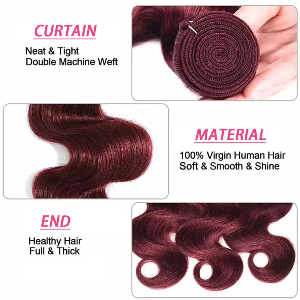 Bundles brésiliens de cheveux humains Body Wave pour femmes, Extensions de tissage, Vrais cheveux humains, # 99J, Vin rouge, Document, 1/3 Bundles