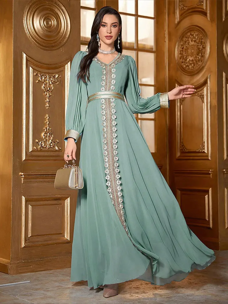 Kaftan Dresses Luxurious Beads Women Dubai Embroidery Elegant Long Sleeve Muslim Abaya Islam Turkey Moroccan Long Dress KY788