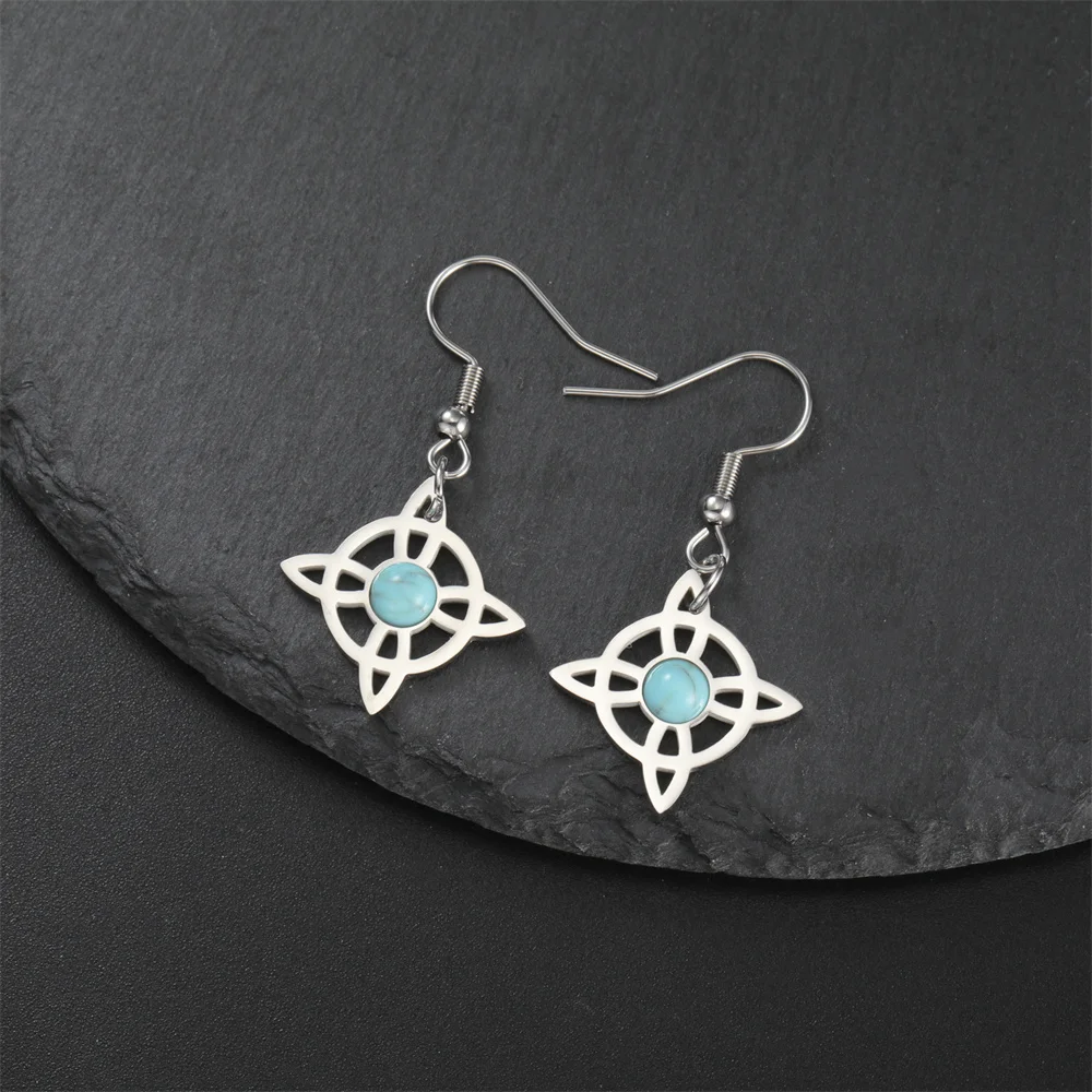 Vintage Witch Knot Blue Crystal Drop Earring for Women Stainless Steel Celtic Witchcraft Amulet Dangle Earrings Jewelry Gifts