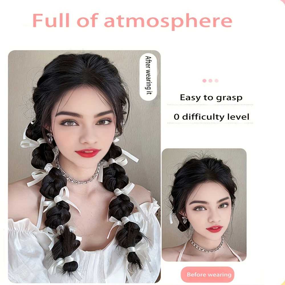 Synthetic Hair Braided Ponytail Extensions Ribbon-Adorned Bubble BraidsThick Lantern BraidsVoluminous Dual Pigtails SetBas