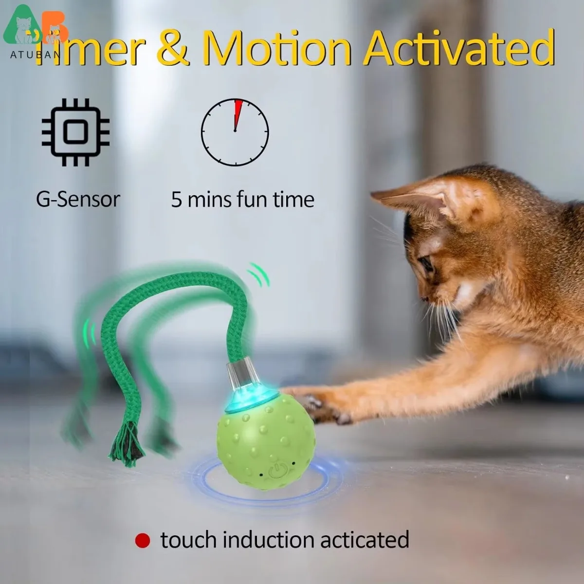 Interactive Cat Ball Toy,Motion Activated Automatic Moving Ball Toy,Long Tail Teaser/Simulation Bird Sound/Cat Toys Self Play