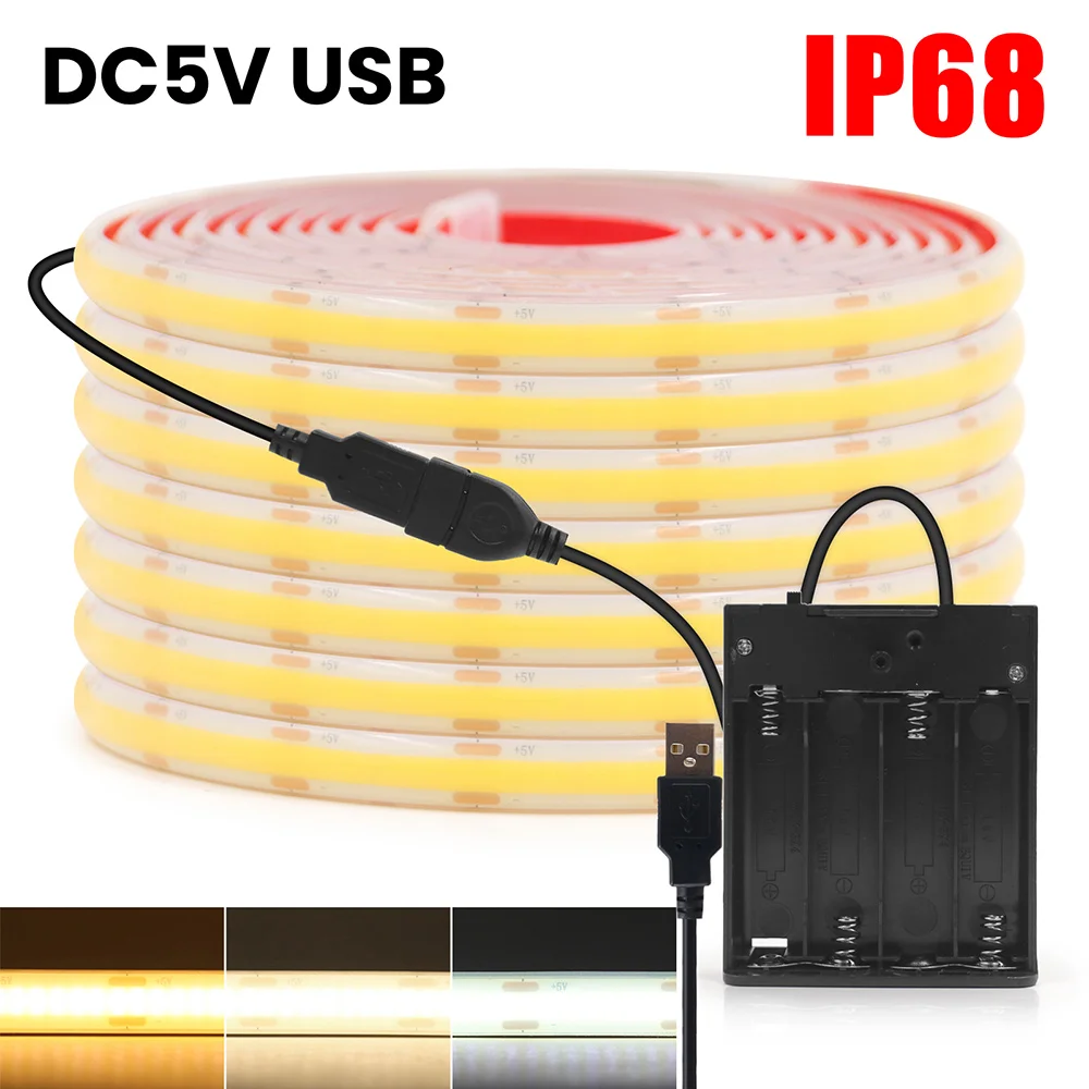 

5V IP68 Waterproof COB LED Strip Battery USB Powered Light Flex Adhesive Tape 3000K 4000K 6000K 320LEDs/m Clear Tube Lamp