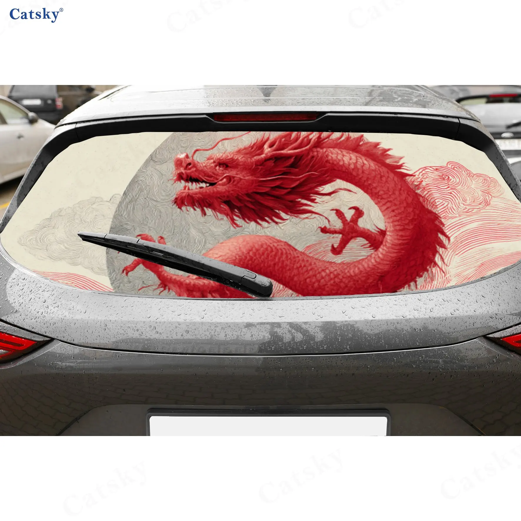 

Traditional Red Dragon Majesty PVC Perforated Car Vinyl Wraps, Durable Car Rear Windshield Sticker, Waterproof Car Rear Window D