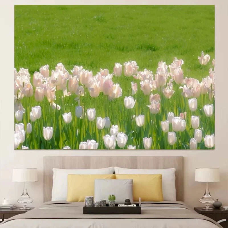 VIKAMA Flower Tapestry Wall Hanging White Tulip Field Grass Spring Nature Photography Bedroom Living Room Decor