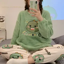 Conjunto de Pijama de franela Kawaii para Mujer, ropa de dormir de dinosaurio de dibujos animados, para estar en casa, otoño