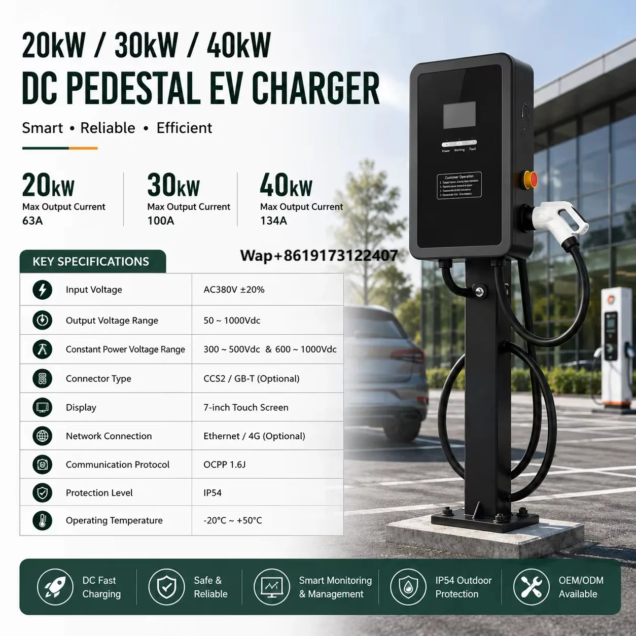 20kW DC Fast EV Charger Compact Wall Mounted Electric Vehicle Charging Station CCS2 GBT for Commercial Use