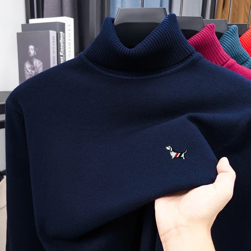 الراقية الأصلي الرجال عالية الرقبة محبوك سترة مع الكلب نمط التطريز لينة الدافئة غير زلق النمط البريطاني لباس غير رسمي #3