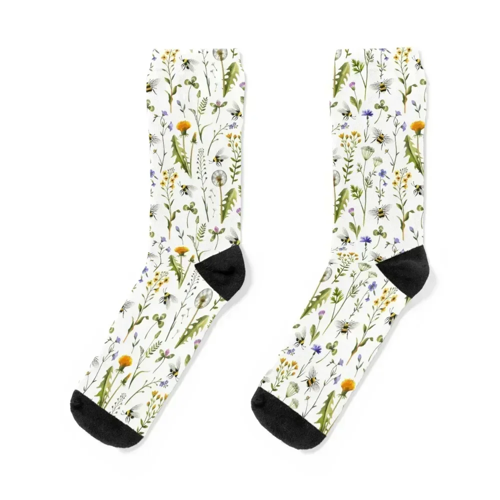 

Bees and wildflowers on white Socks japanese fashion funny gifts valentine gift ideas cycling Ladies Socks Men's
