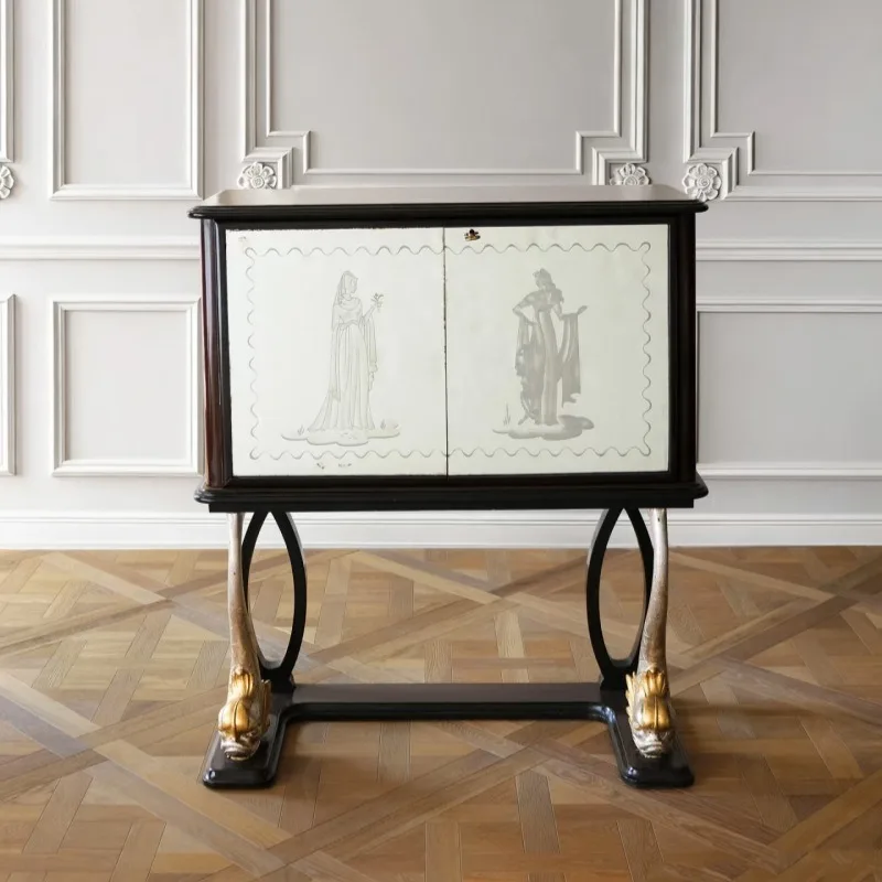 Nordic replica design medium ancient style solid wood hand-painted engraved Italian black paint side cabinet, custom chest