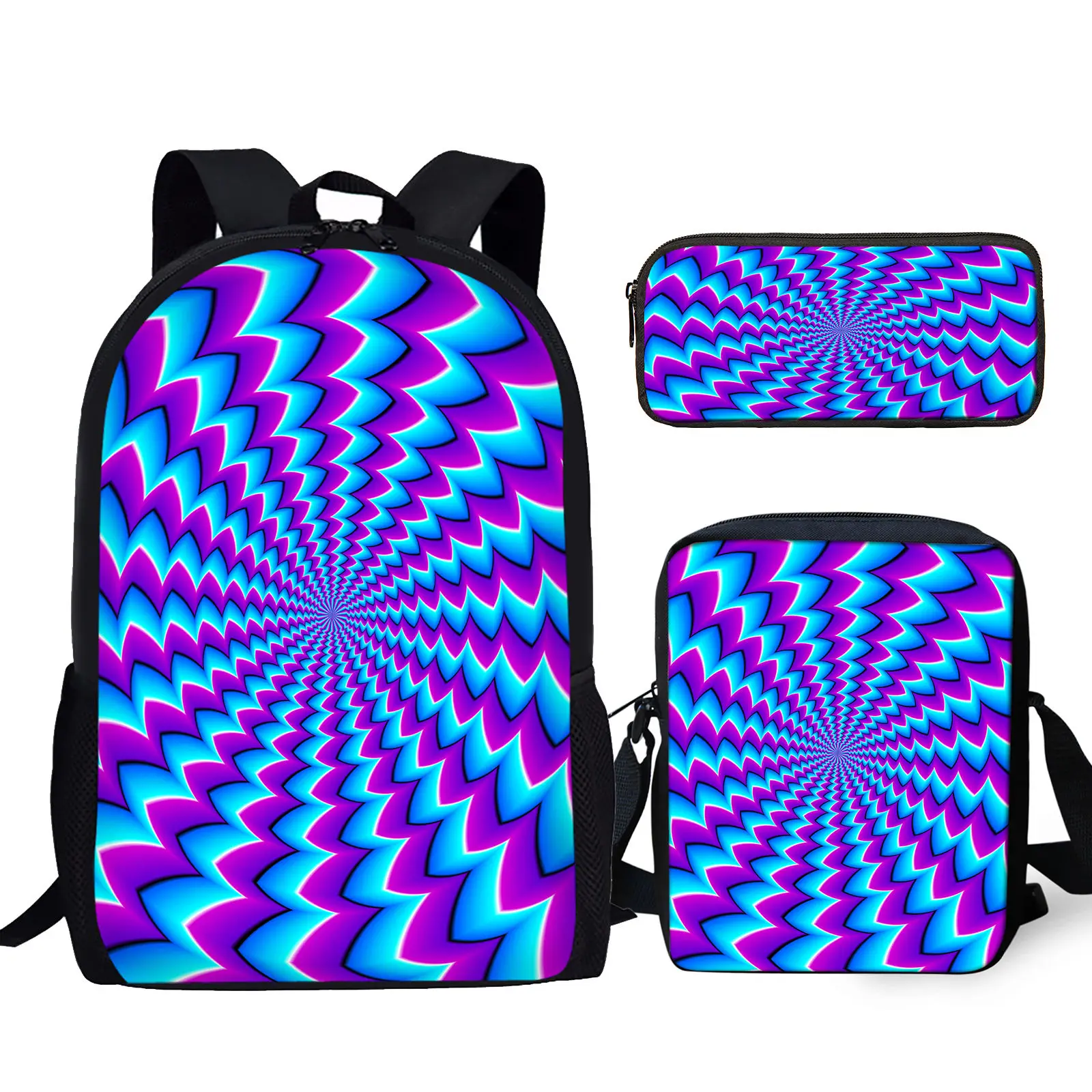 3D Bunte Psychedelic Gedruckt 3 Teile/satz Student Campus Büchertasche mit Mittagessen Tasche Bleistift Tasche Jungen Mädchen Casual Lagerung Rucksack