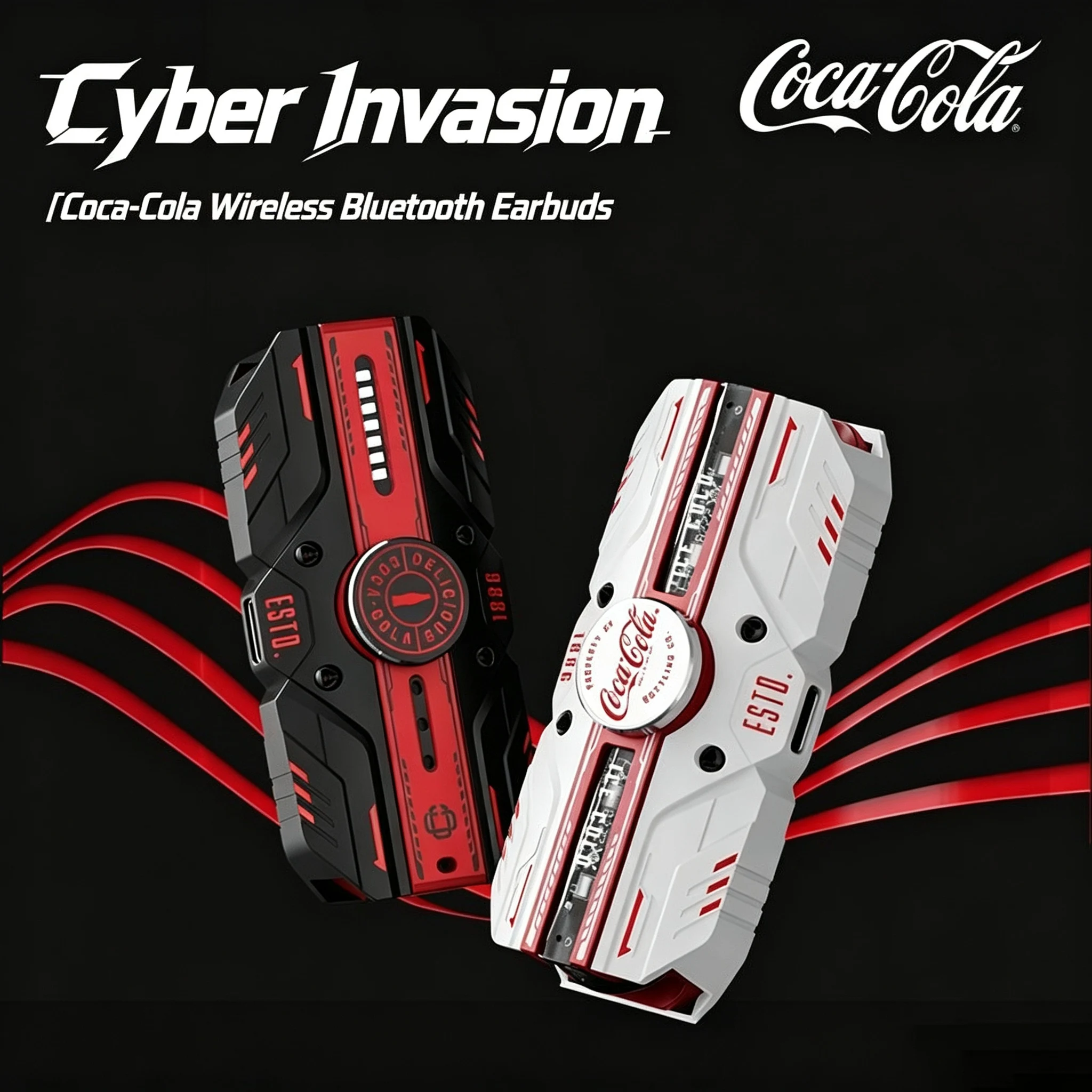 Authentic Coca-Cola Wireless Bluetooth Earbuds: Finger Spinner-Style Earbuds with a Cyber-Tech Mecha Aesthetic—Cool and Perfect