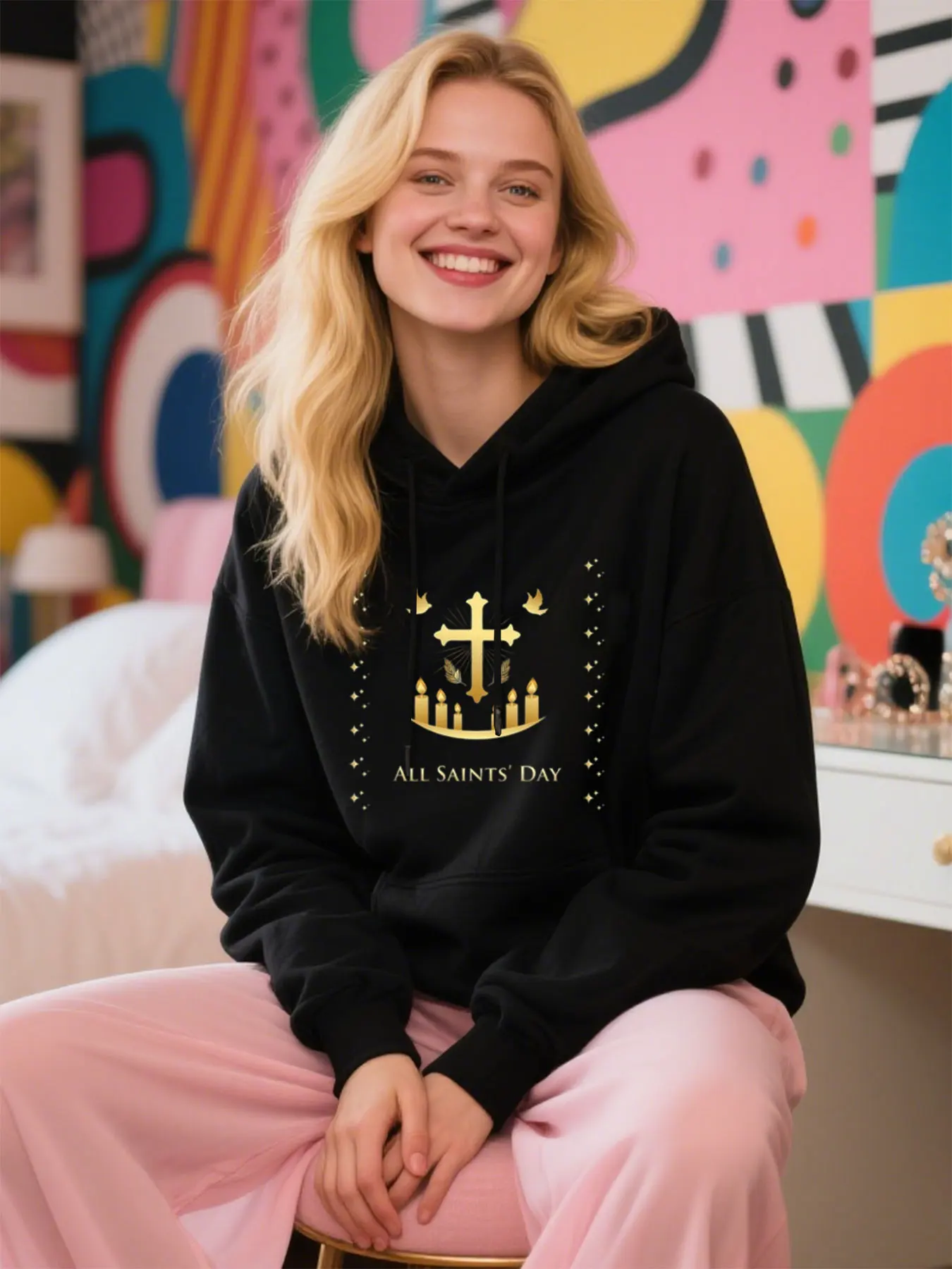 Moletom com capuz de algodão confortável com estampa de dia de Todos os Santos de pombas cruzadas para atividades ao ar livre de ação de graças