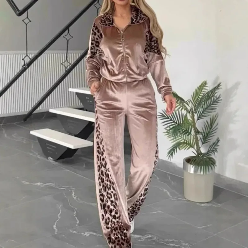 

2pcs set Women's Leopard Print Long Sleeve Long Pants Homewear Set Loungewear Comfortable Casual Lounge Set