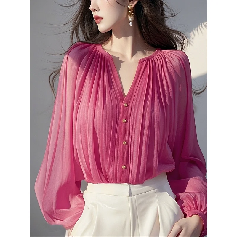 

2025 Spring Autumn New Top Tee Ladies Office Lady Simplicity Buttons Chiffon Cardigan Blouse Women Clothes Fashion Loose Shirts
